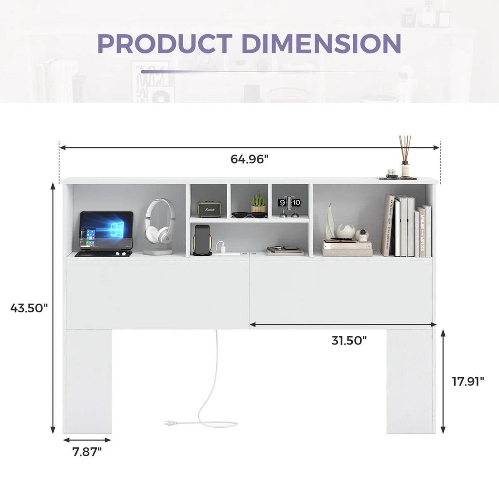 Queen size Bookcase Headboard in White Wood Finish with LED Lights