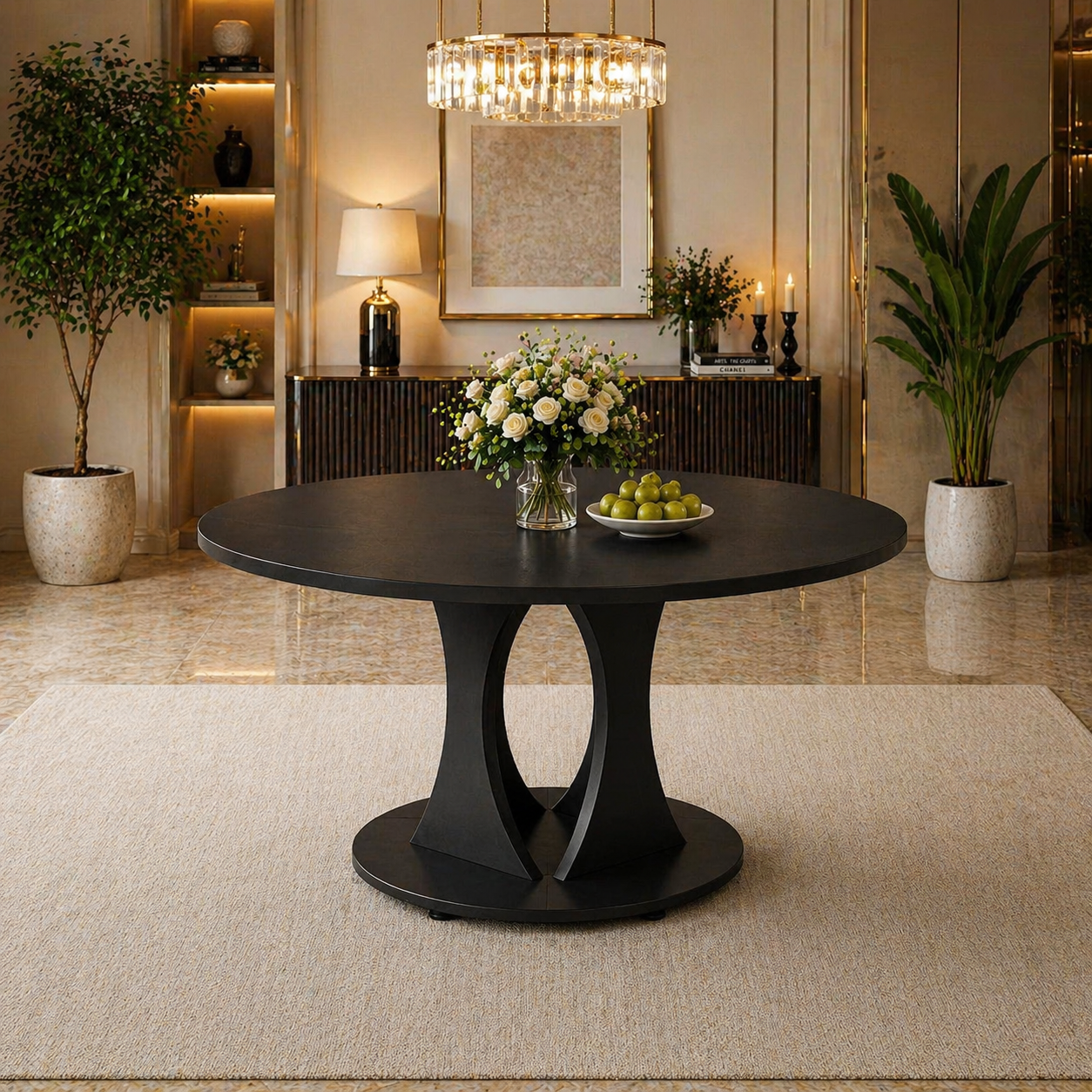 59" Extendable Round Dining Table Set with 6 PU Leather Chairs, Black Dining Room Bundle