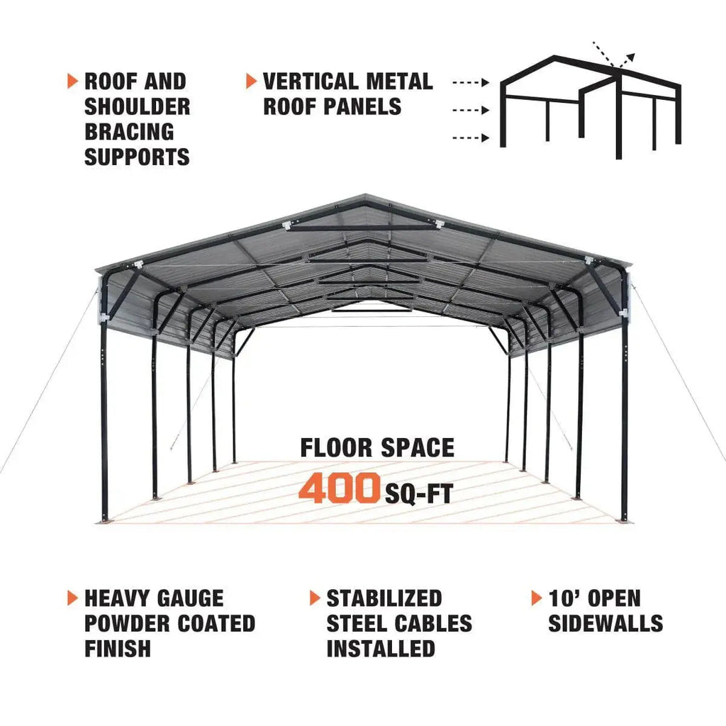 20' x 20' Metal Shed Carport, 10' Open Sidewalls, 400 Sq-Ft, 27 GA Corrugated Panels, TMG-MSC2020