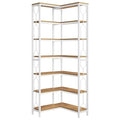 Industrial 7-Tier Metal/Wood Corner Bookcase in White/Natural