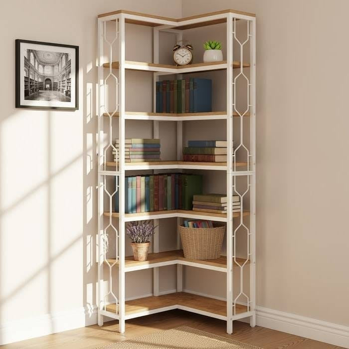 Industrial 7-Tier Metal/Wood Corner Bookcase in White/Natural