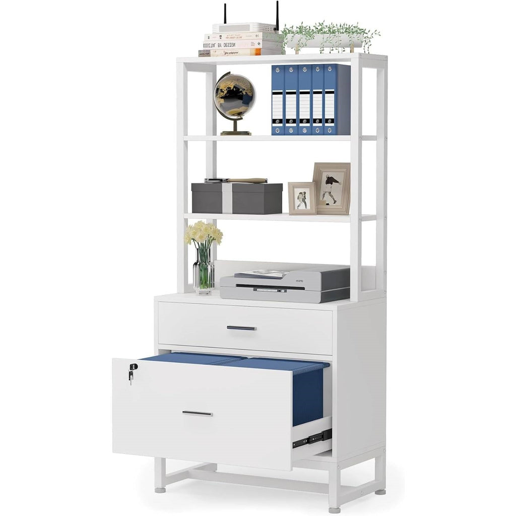 Home Office Lockable 2 Drawer Filing Cabinet Bookshelf in White Wood Finish