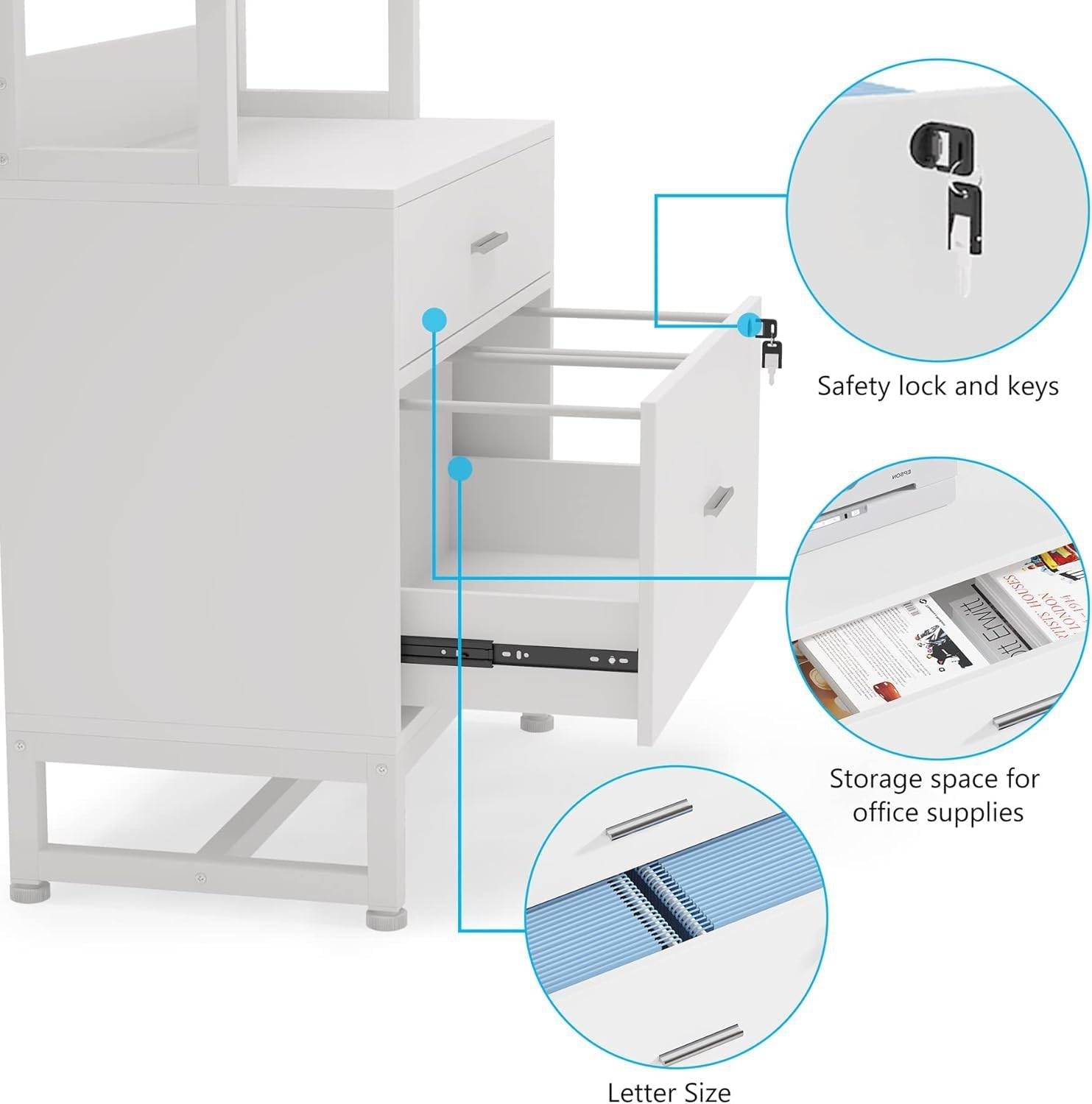 Home Office Lockable 2 Drawer Filing Cabinet Bookshelf in White Wood Finish