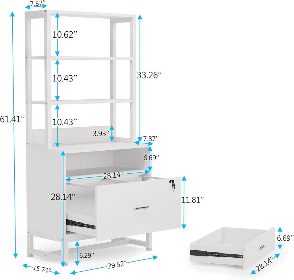 Home Office Lockable 2 Drawer Filing Cabinet Bookshelf in White Wood Finish