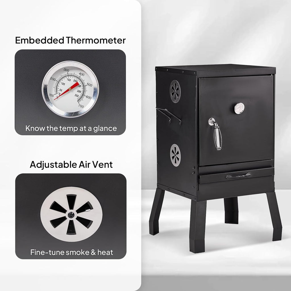 Black Portable Vertical Charcoal Smoker Grill Outdoor