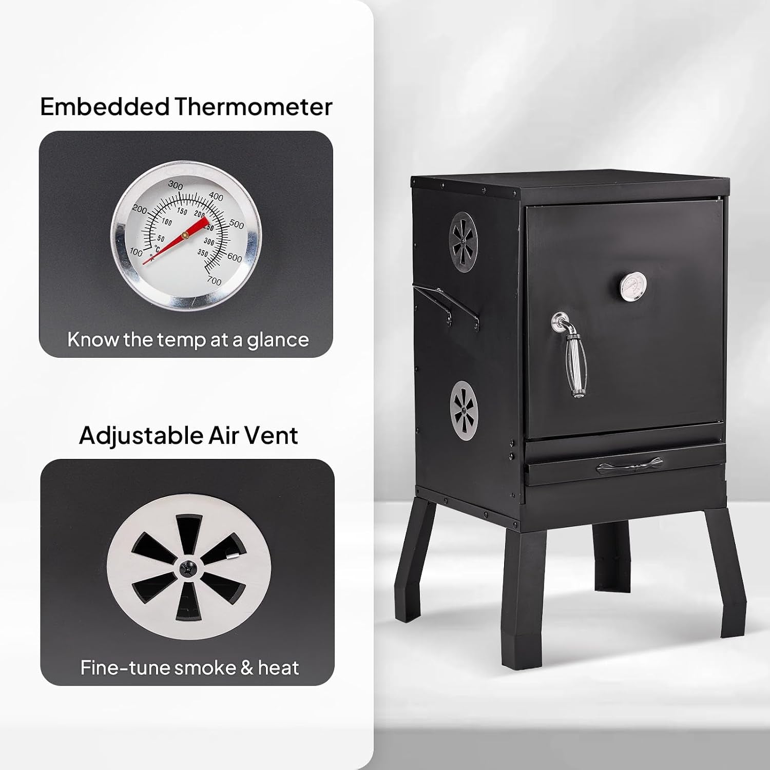 Black Portable Vertical Charcoal Smoker Grill Outdoor
