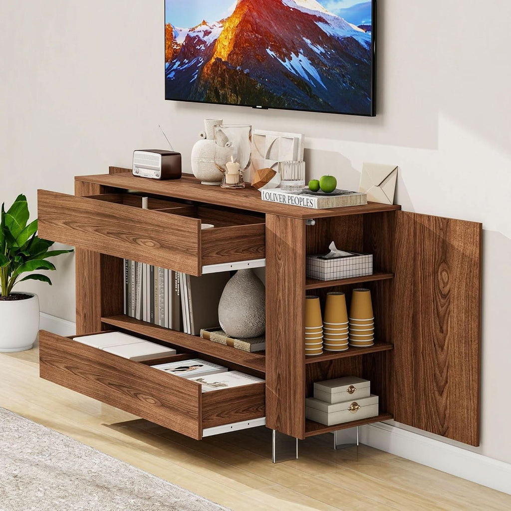 Walnut 55 Inch TV Entertainment Center Stand With Drawers