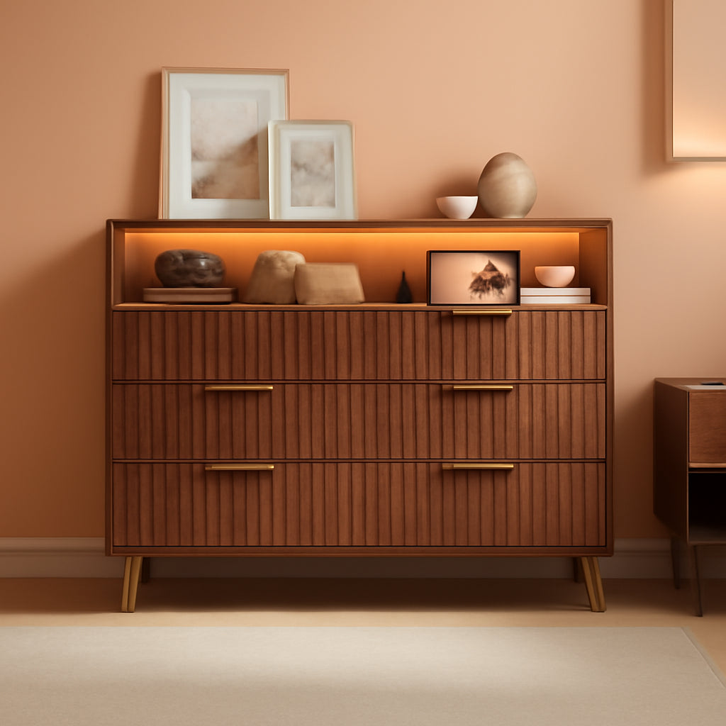 Walnut Fifty Three Inch Extra Wide Six Drawer Dresser LED