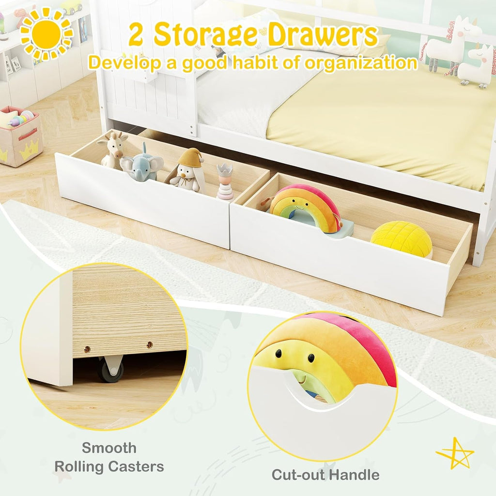 White Twin Size Wooden House Bed Two Under bed Storage Drawers