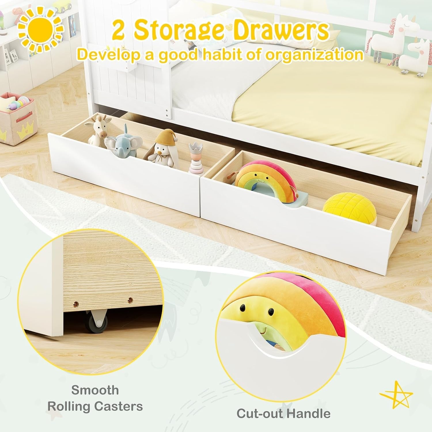 White Twin Size Wooden House Bed Two Under bed Storage Drawers