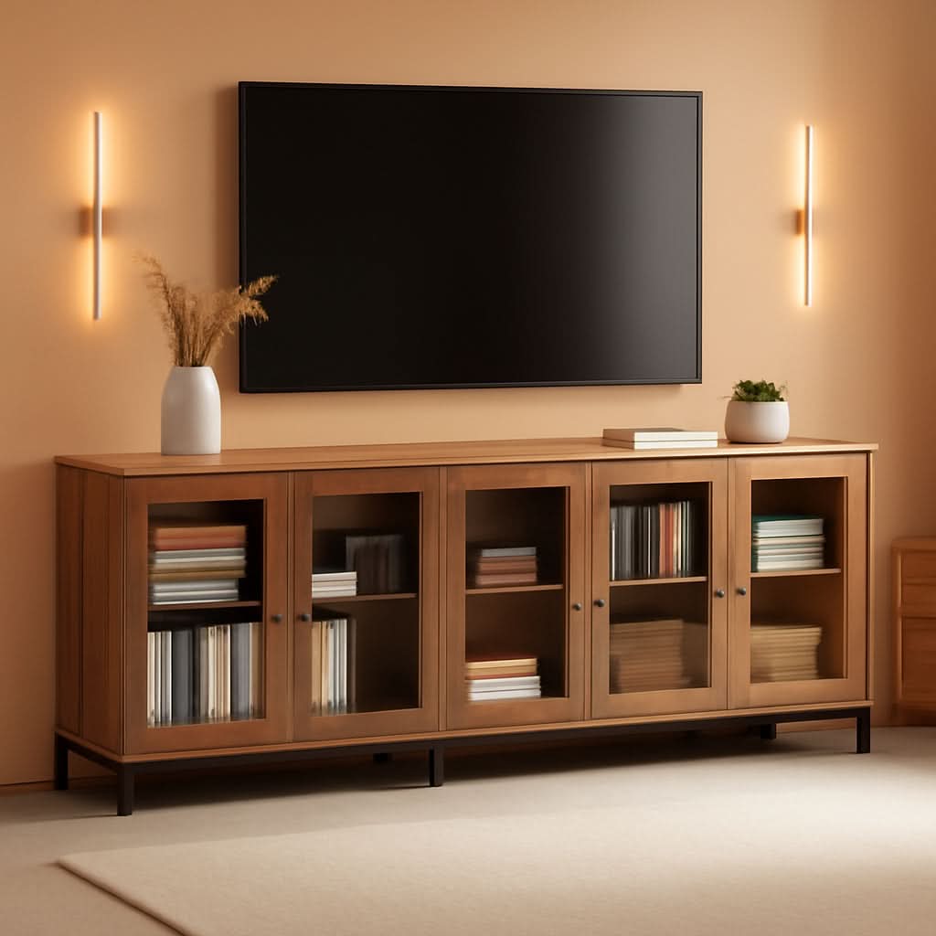 Brown Tempered Glass Doors TV Stand With Shelving Units