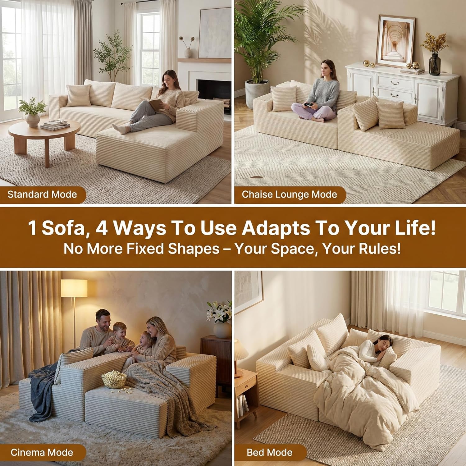 Beige 108 Inches Left Facing Chaise Lounge Sectional Sofa