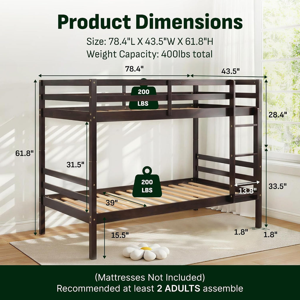 Solid Wood Black Twin Bunk Bed Under Bed Storage Guardrails