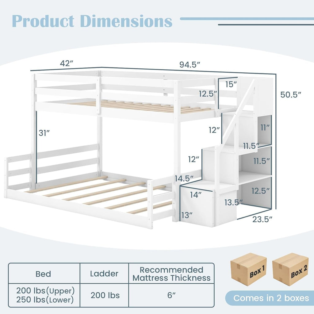 White Solid Wood Twin Over Full Bunk Bed Stairs GuardRails