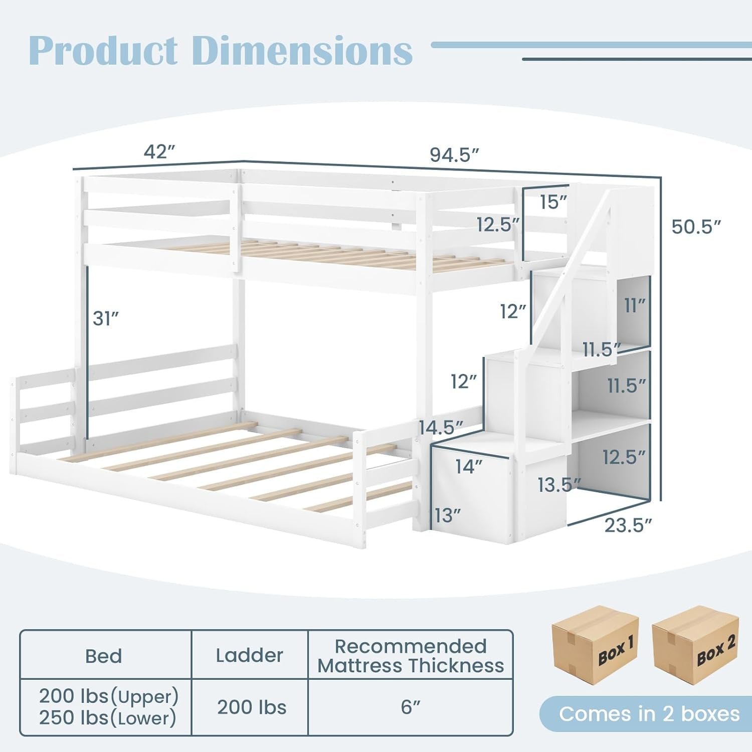 White Solid Wood Twin Over Full Bunk Bed Stairs GuardRails
