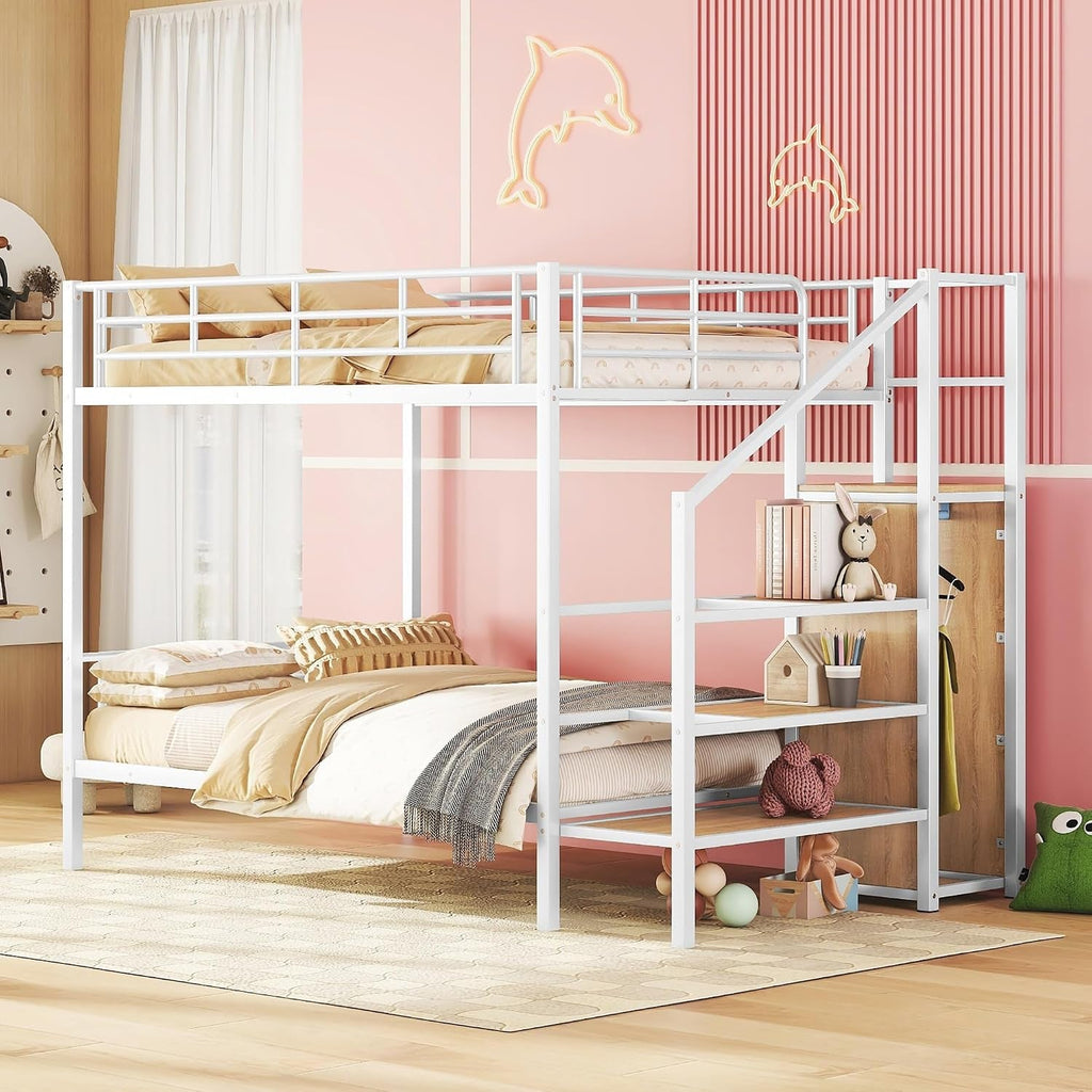 Premium White Metal Bunk Bed With Wardrobe Storage Unit