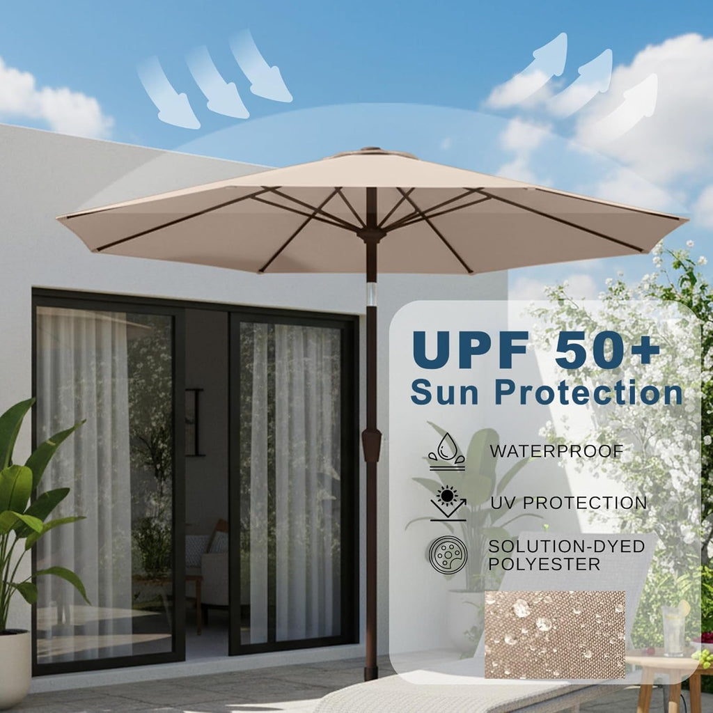 Beige 9ft Patio Umbrella Tilt Crank UV Resistant Coat
