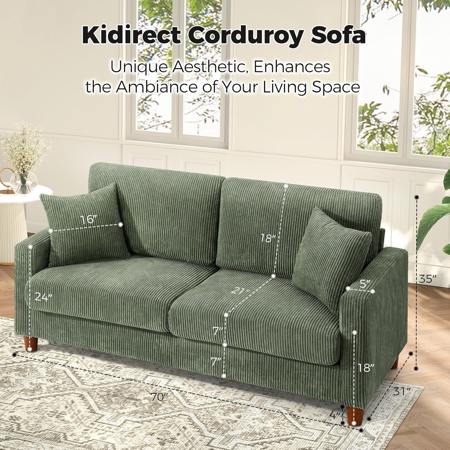 70In Emerald Corduroy Oversized Cushioned Three Seater Sofa