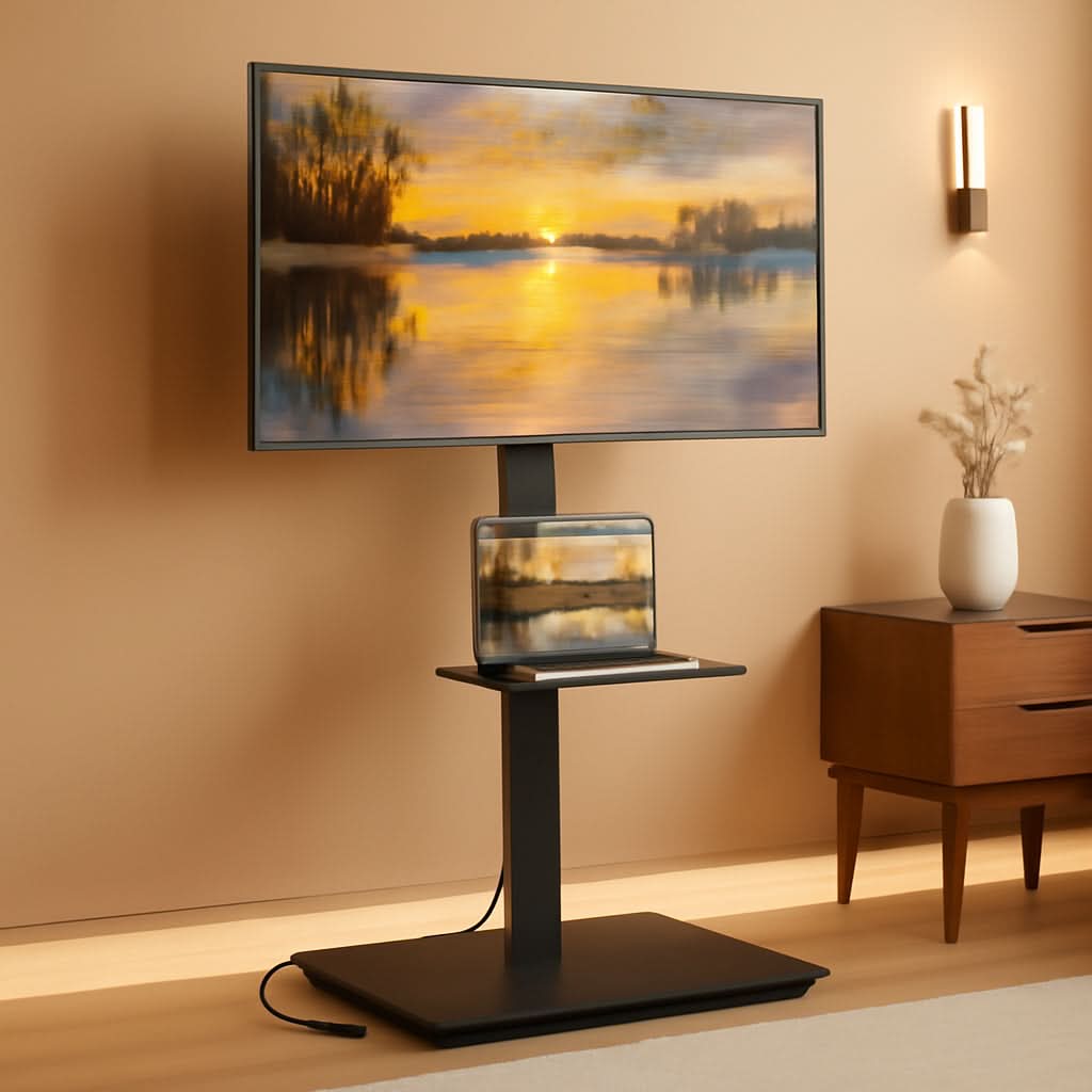 Black Industrial Steel Floor TV Stand Power Outlet Pro