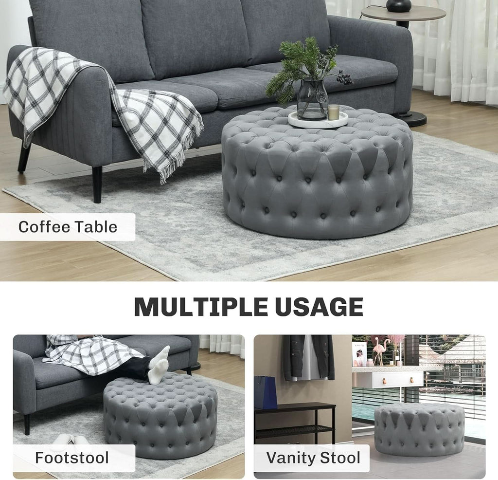 31.5 Inch Round Dark Gray Velvet Button Tufted Ottoman