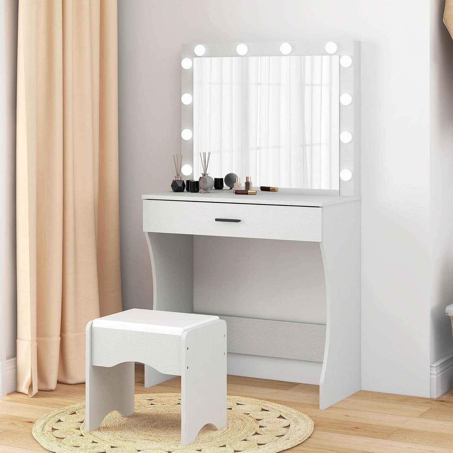 White Vanity Desk With Ultra Bright LED Mirror Storage