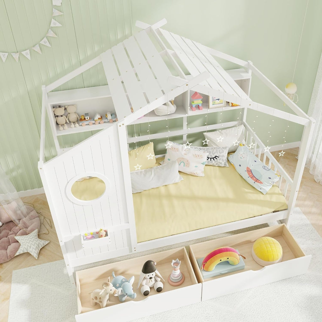 White Twin Size Wooden House Bed Two Under bed Storage Drawers