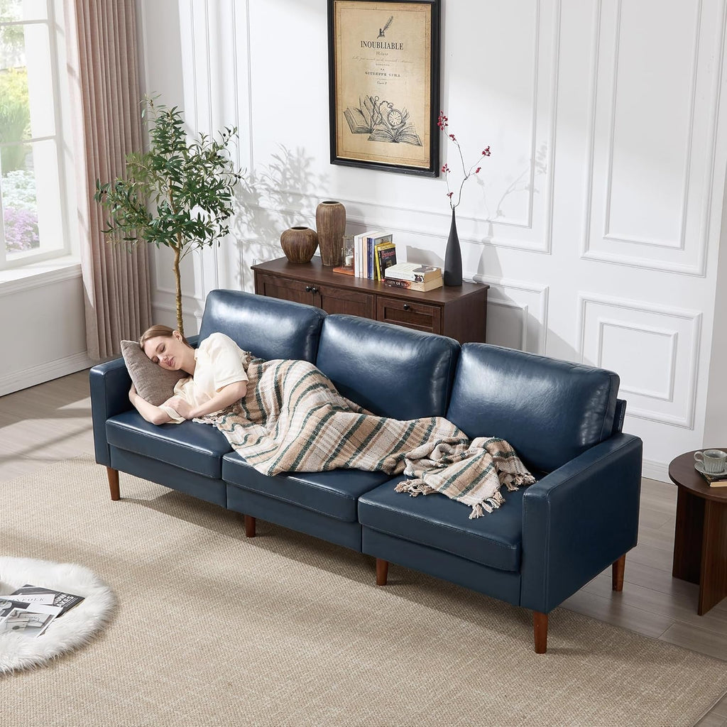Mid Century Modern Faux Leather Sofa 91Inch Navy Blue