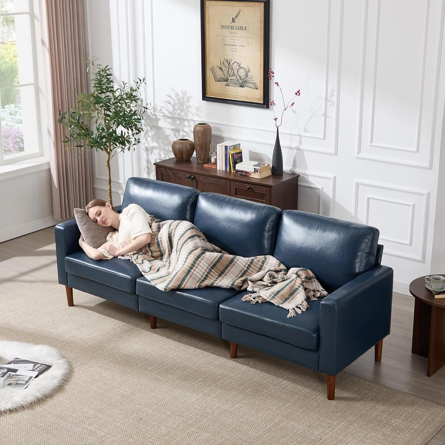 Mid Century Modern Faux Leather Sofa 91Inch Navy Blue