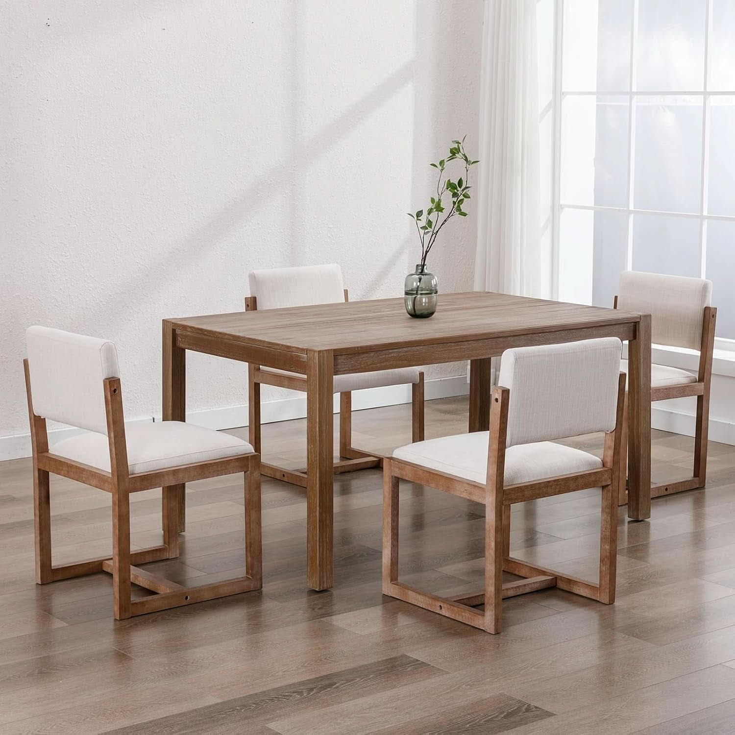 Beige Linen Upholstered Dining Chairs Midcentury Pair