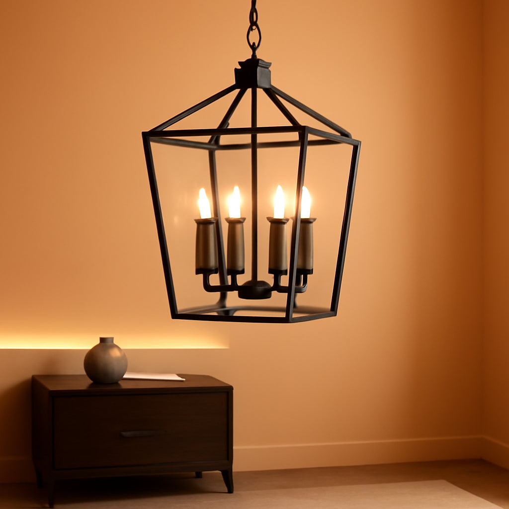 Farmhouse Chandelier Black Openwork Cage Four Light