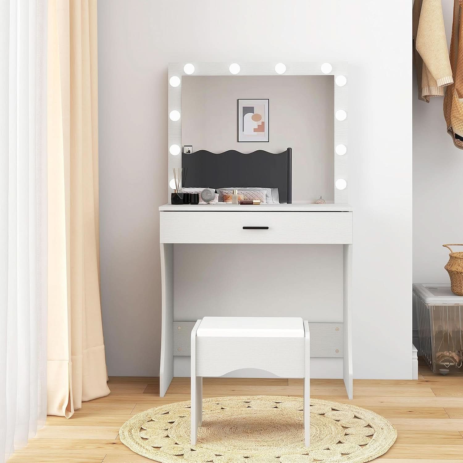 White Vanity Desk With Ultra Bright LED Mirror Storage
