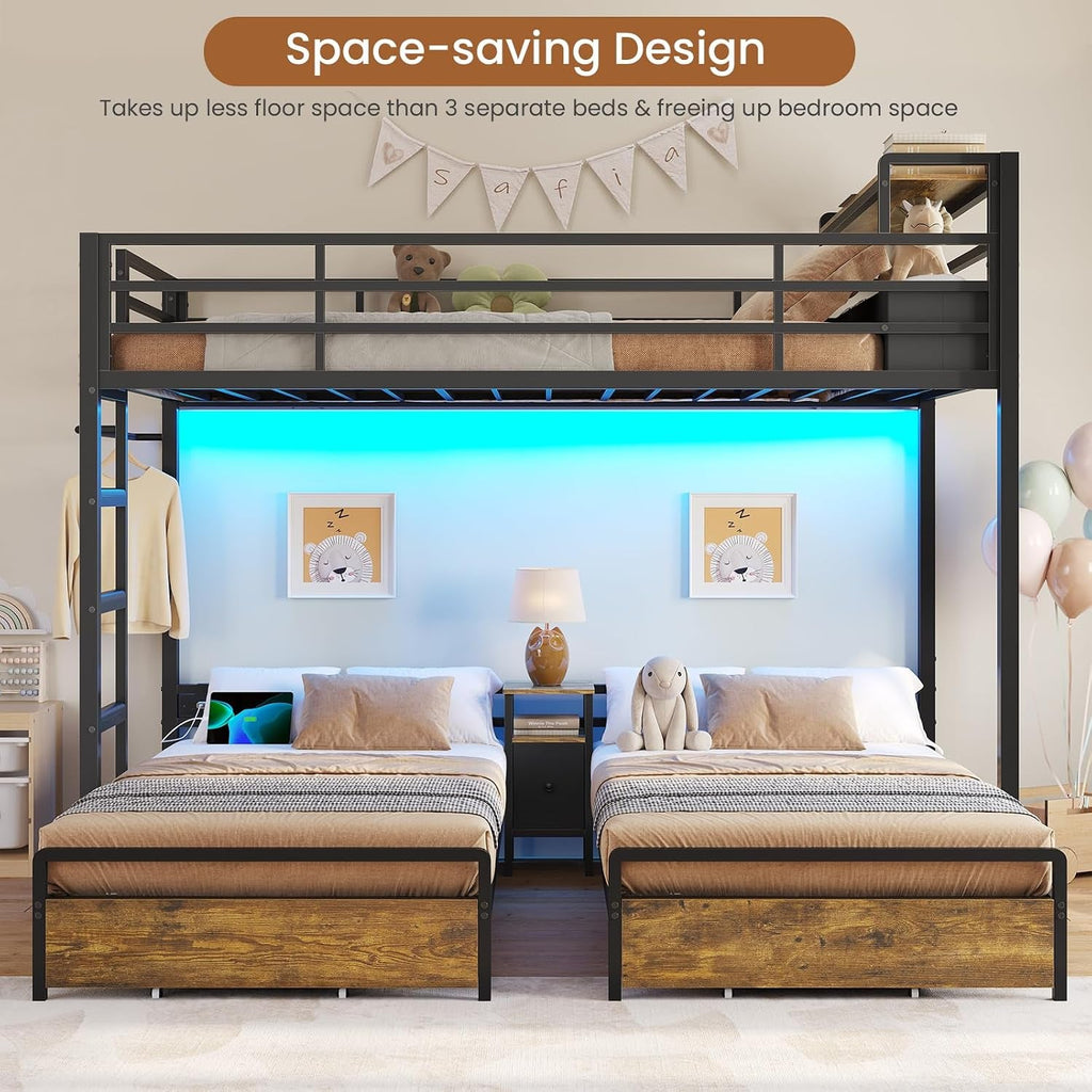Black Premium Triple Bunk Bed With Integrated Storage