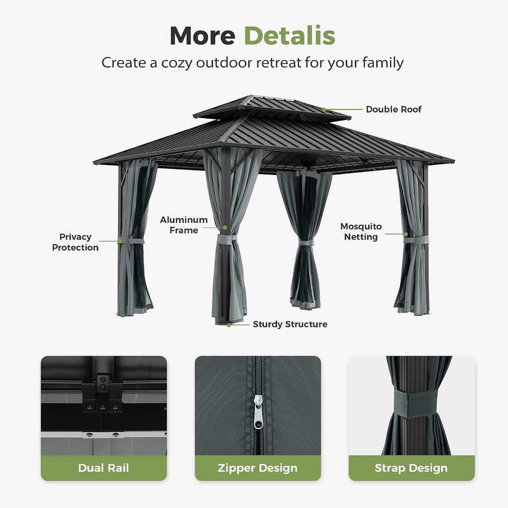 10x12 Aluminum Gazebo With Gray Double Galvanized Roof