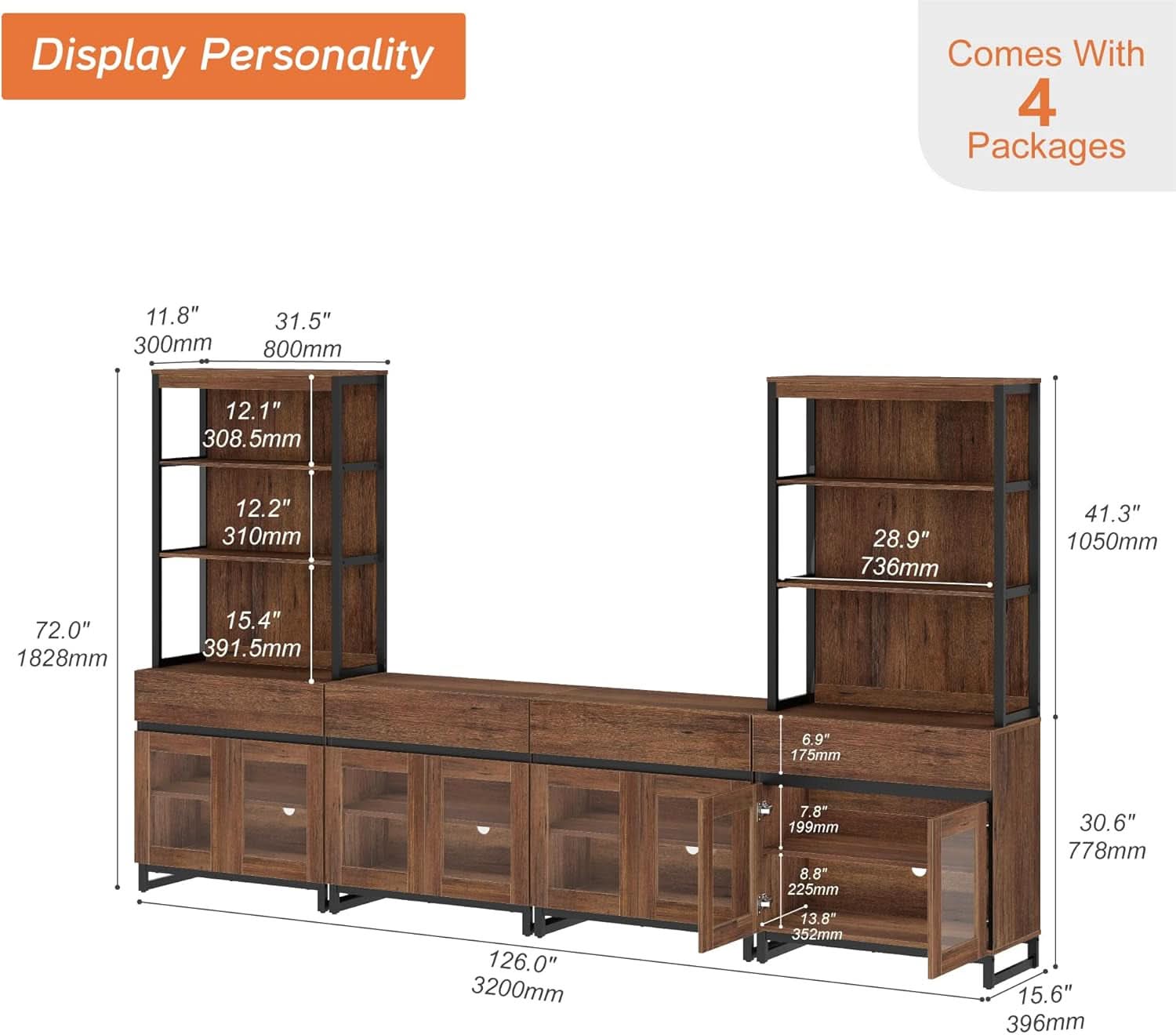 Brown Three Tier Entertainment Console With Drawers
