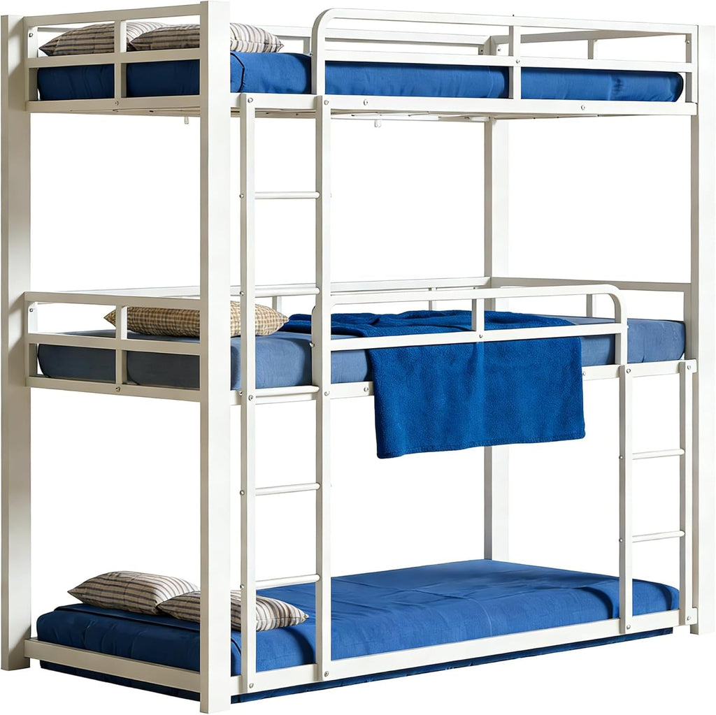 White Triple Bunk Bed Ultra Heavy Duty Metal Guardrails