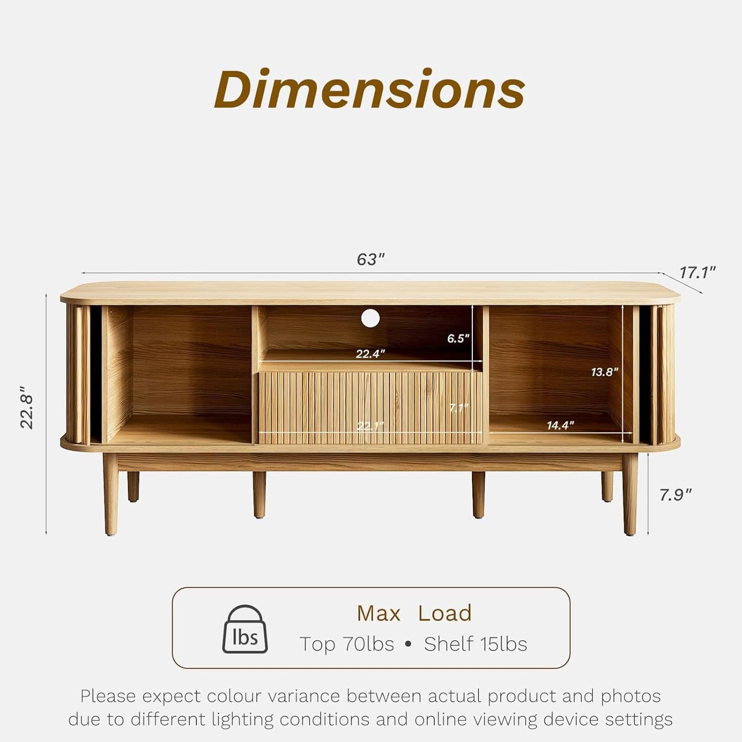 63 Inch Fluted Natural Wood TV Stand Entertainment Center