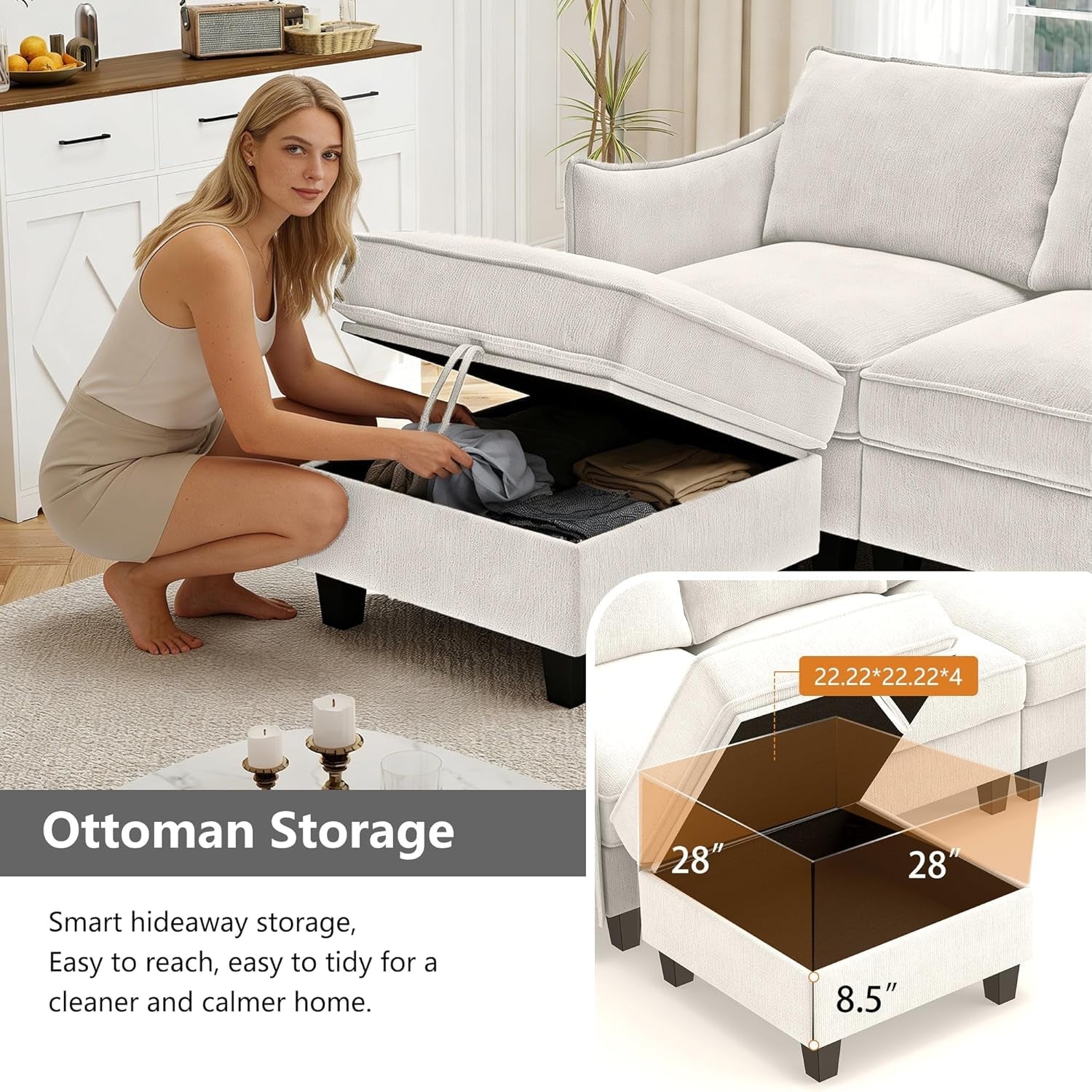 112-Inch Modular U-Shaped Sectional Beige Sofa Ottomans