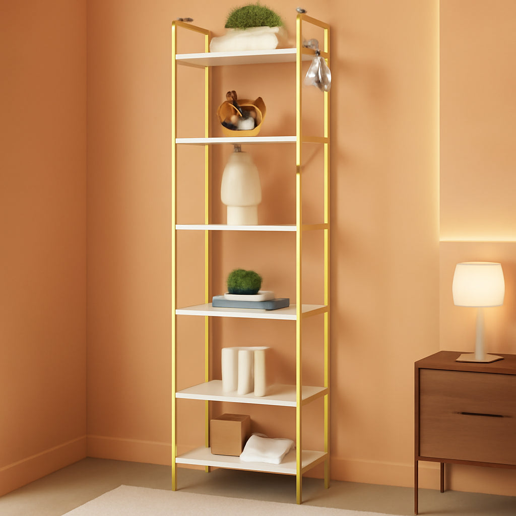 White Gold Space-Saving 6-Tier Narrow Bookshelf Unit