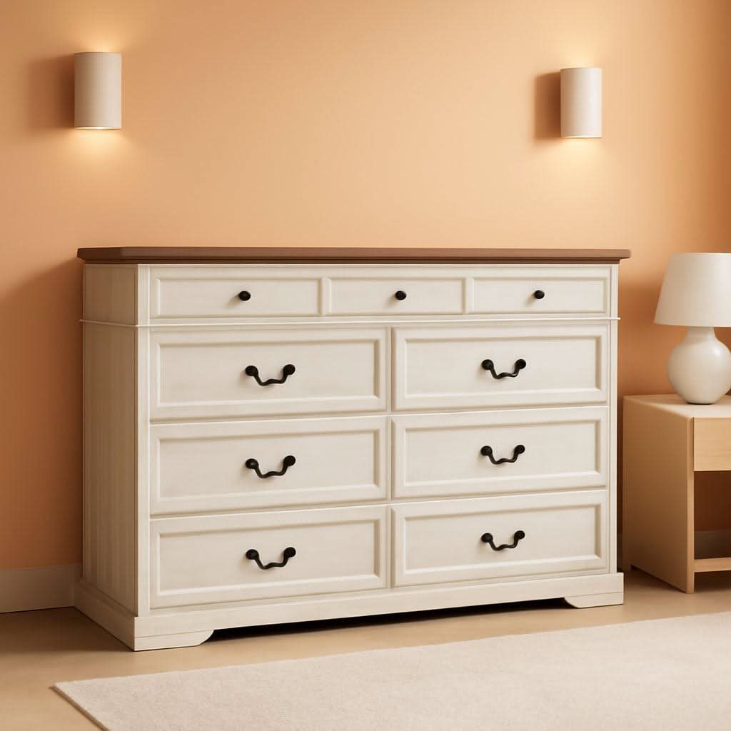 Beige Finish Solid Wood Dresser With Nine Storage Drawers