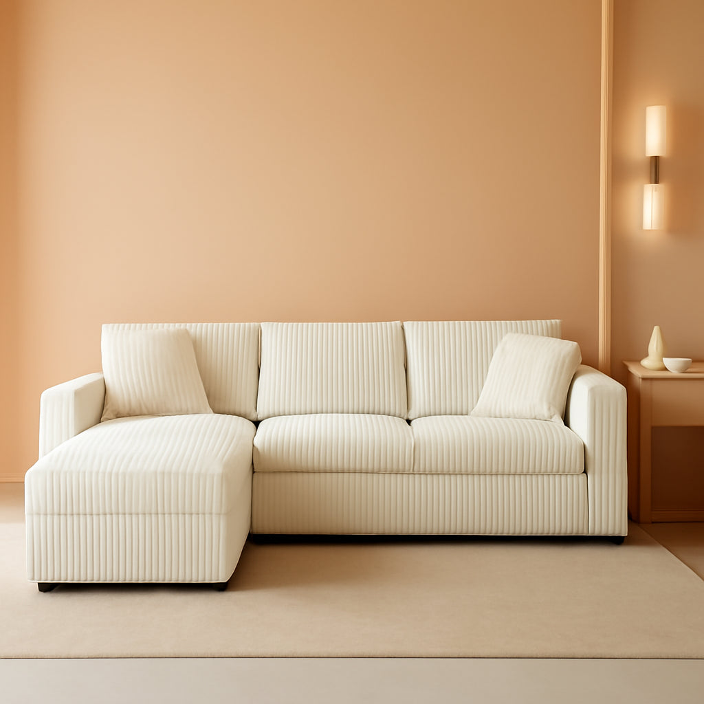 Beige 96 Inch Modular Sectional Sofa Plush Corduroy
