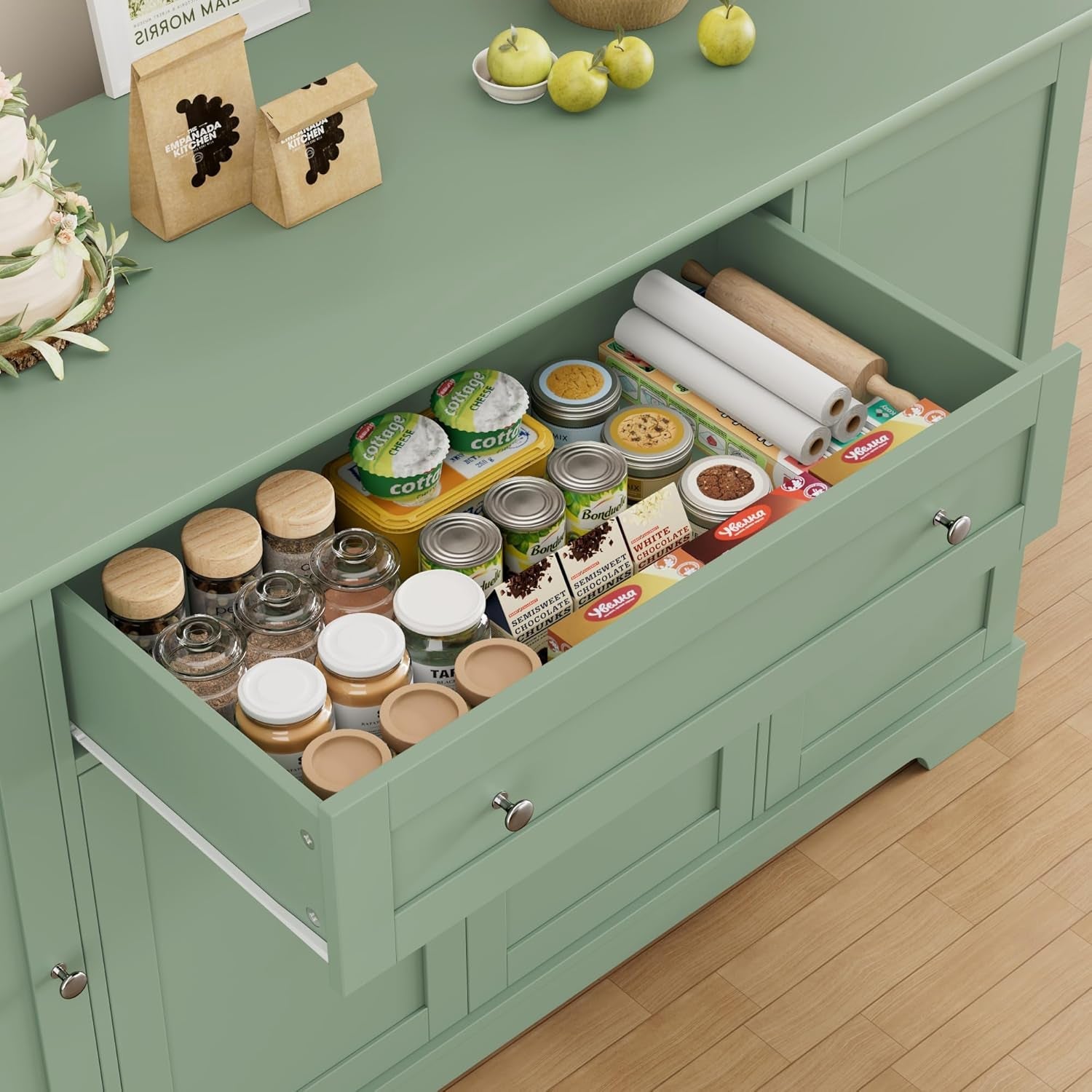 Green Industrial Buffet Cabinet With Adjustable Shelves