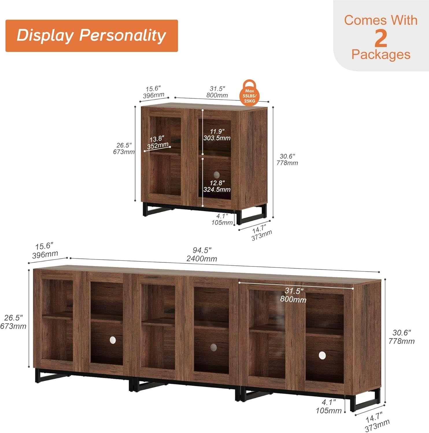 Brown Tempered Glass Doors TV Stand With Shelving Units