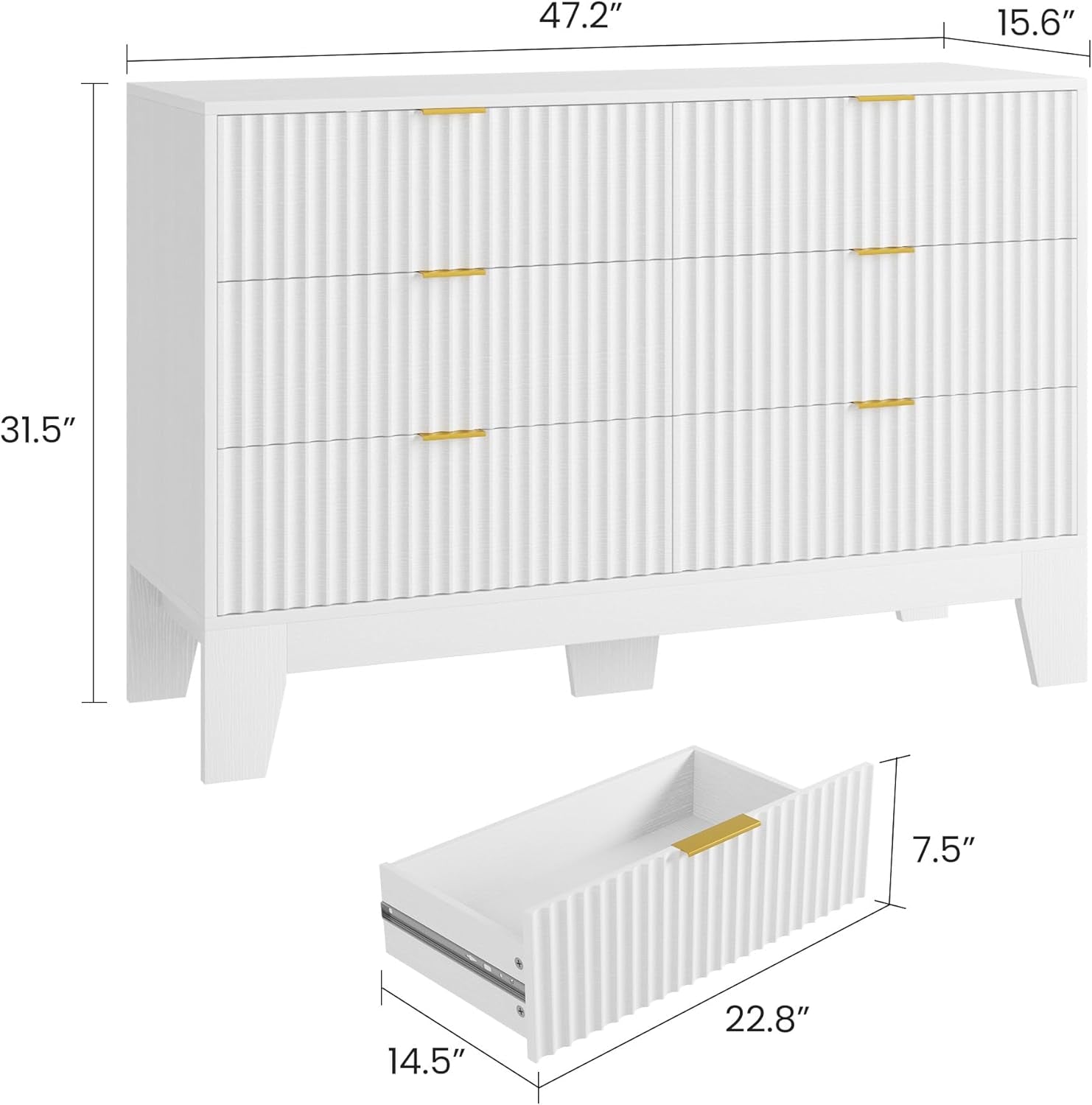 Forty Seven Inches Wide White Scandinavian Dresser Gold Handles