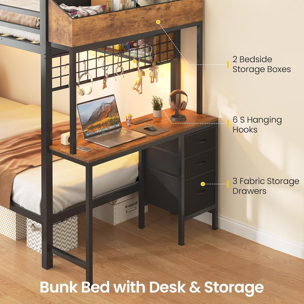 Twin Over Twin Metal Bunk Bed With Desk Black Space Saving Design Efficient