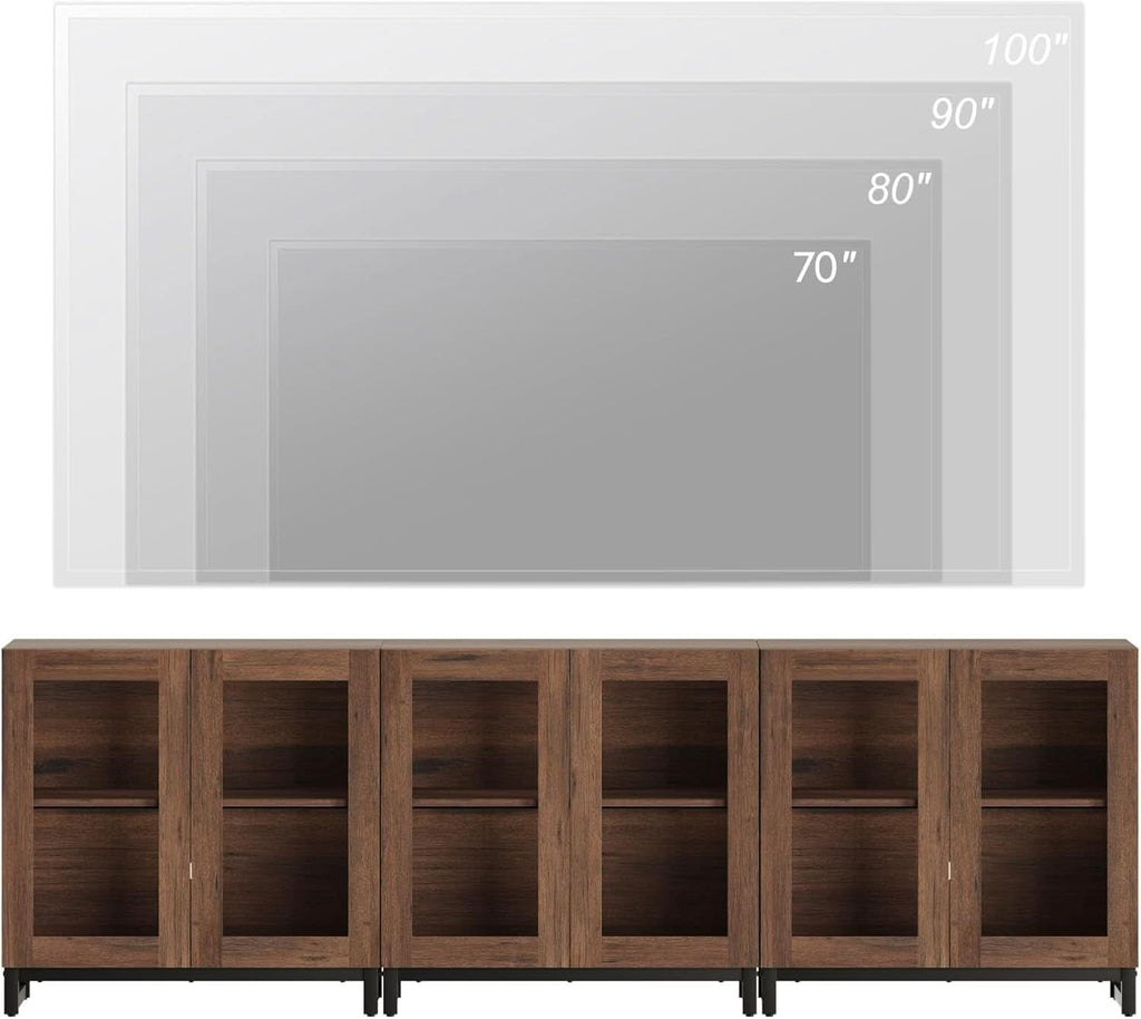 Brown Tempered Glass Doors TV Stand With Shelving Units
