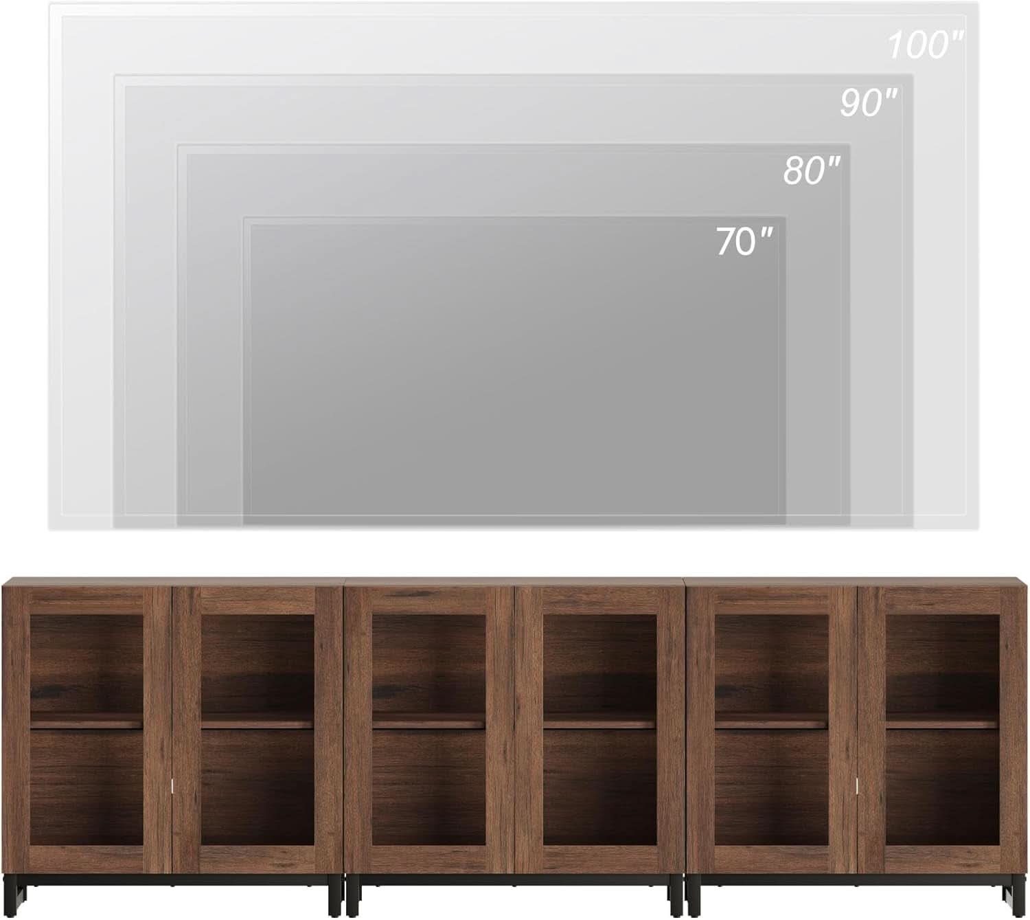 Brown Tempered Glass Doors TV Stand With Shelving Units