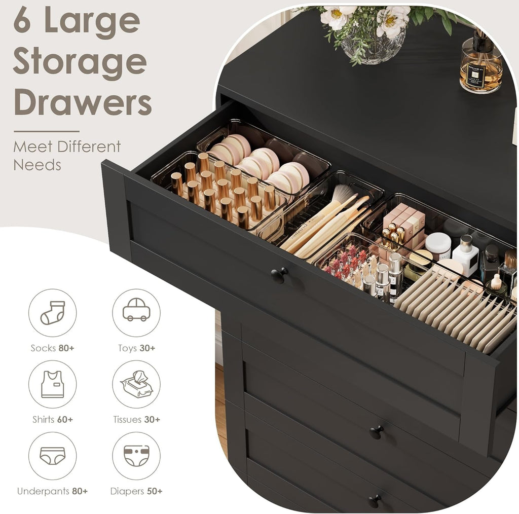 Black 52Inch Towering Six Drawer Contemporary Dresser