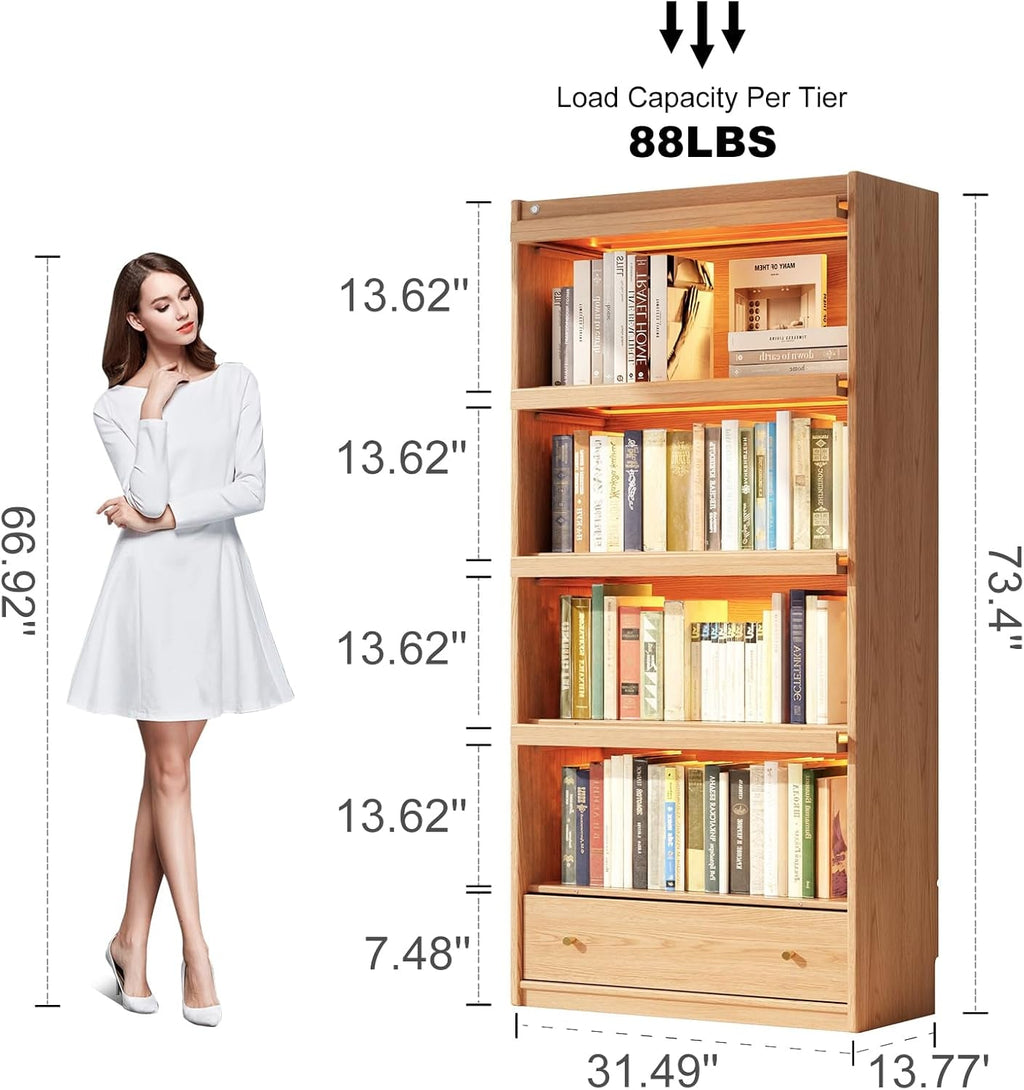 Tall Solid Hardwood Bookcase Tempered Glass LED Illumination