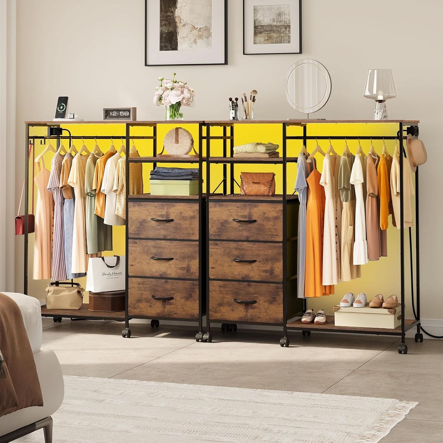 Brown Dresser With Hanging Rack And LED Lights Charging Station