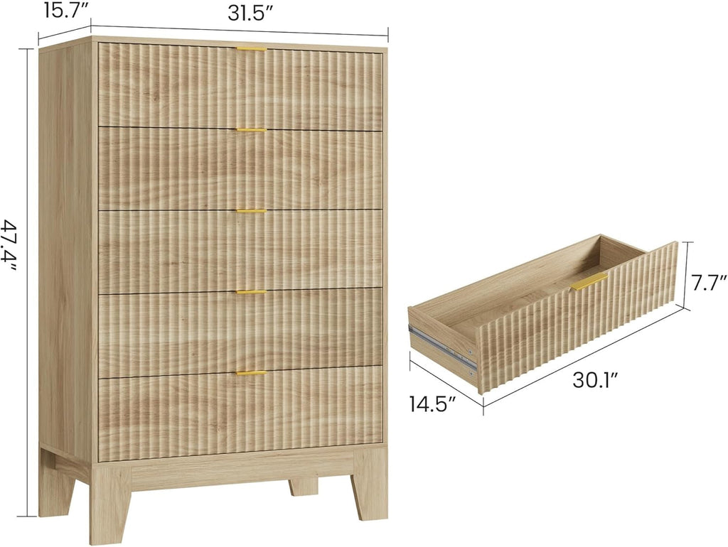Contemporary Fluted Five Drawer Dresser Architectural Oak